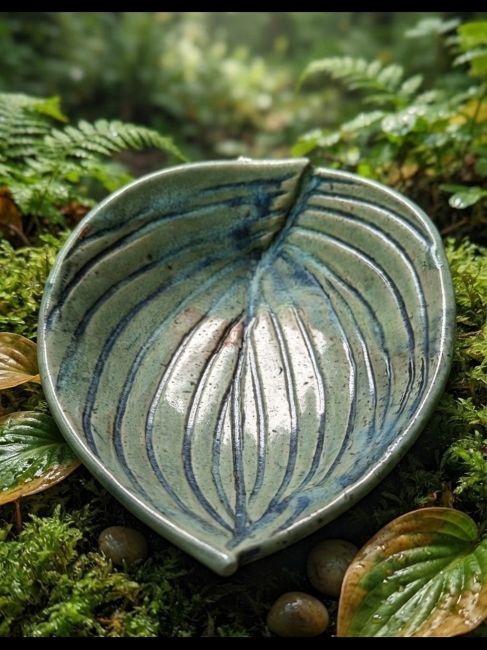 Handmade Ceramic Hosta Leaf Dish Sage Green Blue Studio Pottery Ring Tray